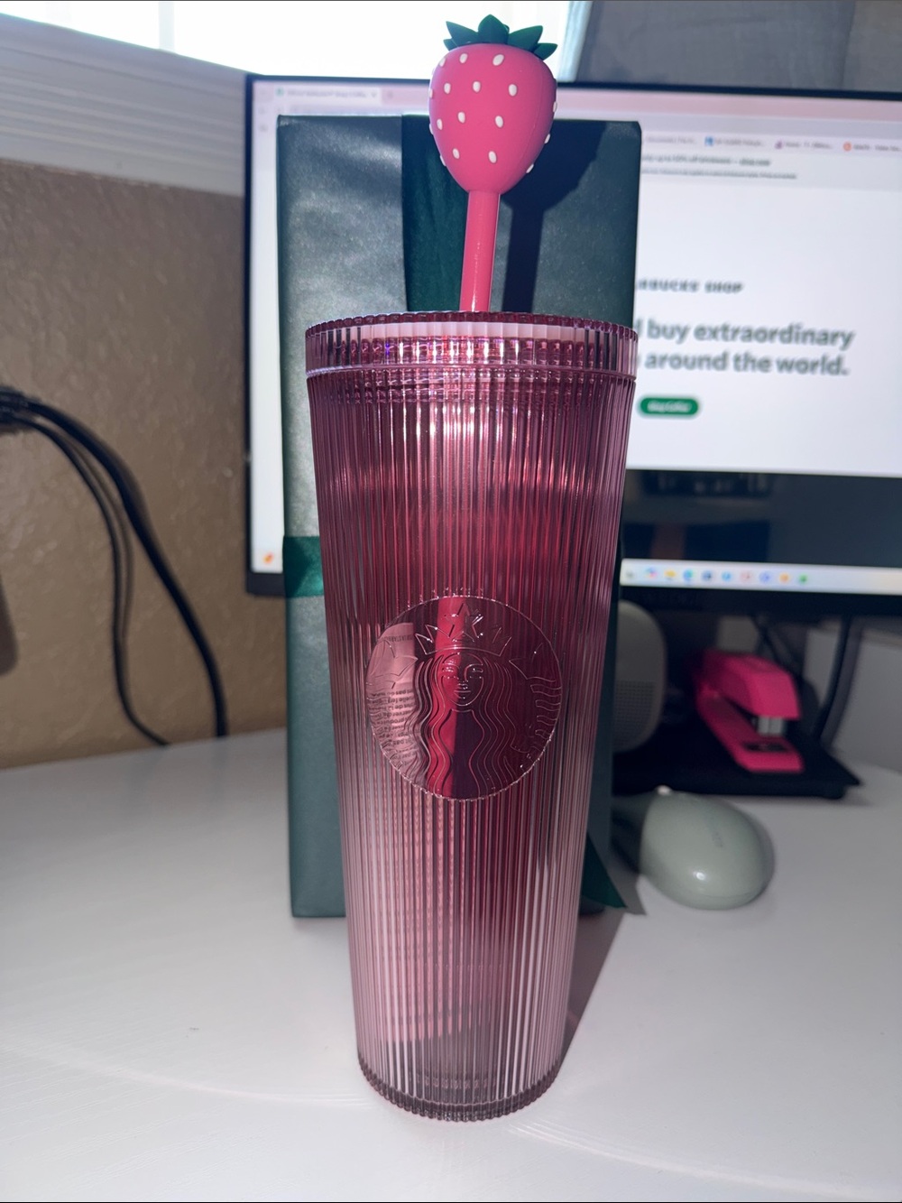 Starbucks Pink Ribbed Tumbler with Strawberry Stirrer